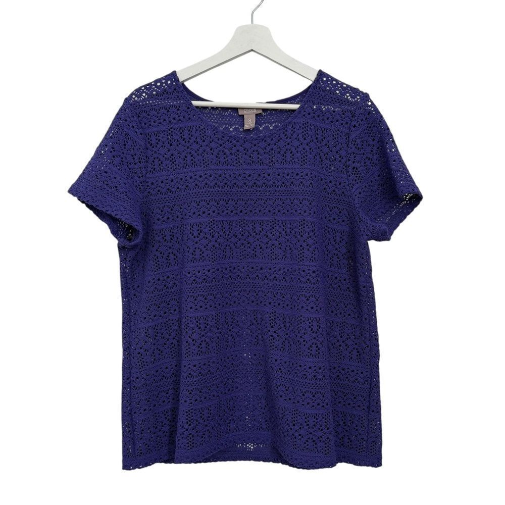 Chico’s Purple Crochet Short Sleeve Knit Sweater